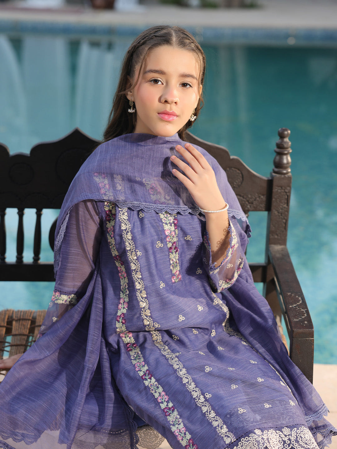 Oaks - Embroidered Slub net polly Suit For Girl - Navy Blue - 3 Piece