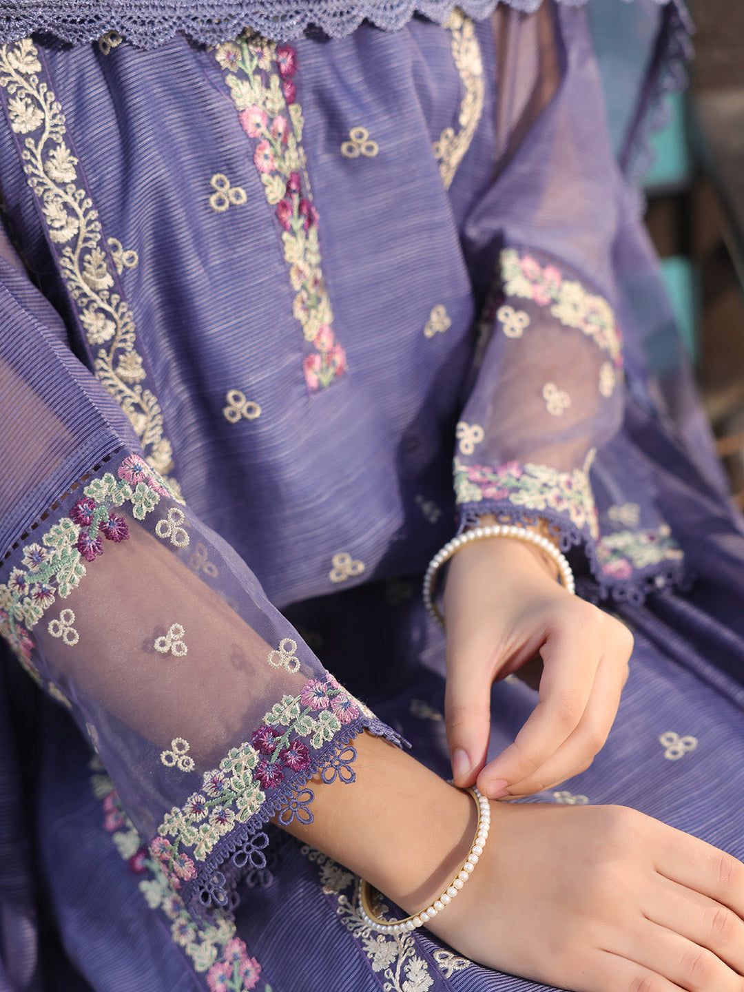 Oaks - Embroidered Slub net polly Suit For Girl - Navy Blue - 3 Piece