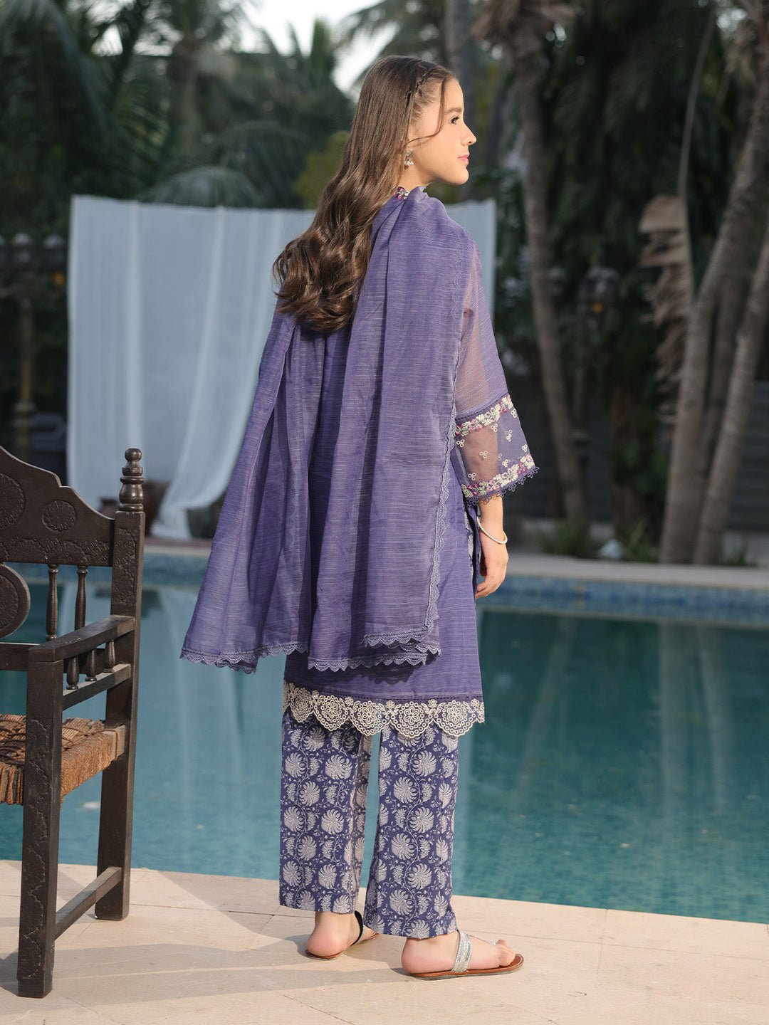 Oaks - Embroidered Slub net polly Suit For Girl - Navy Blue - 3 Piece