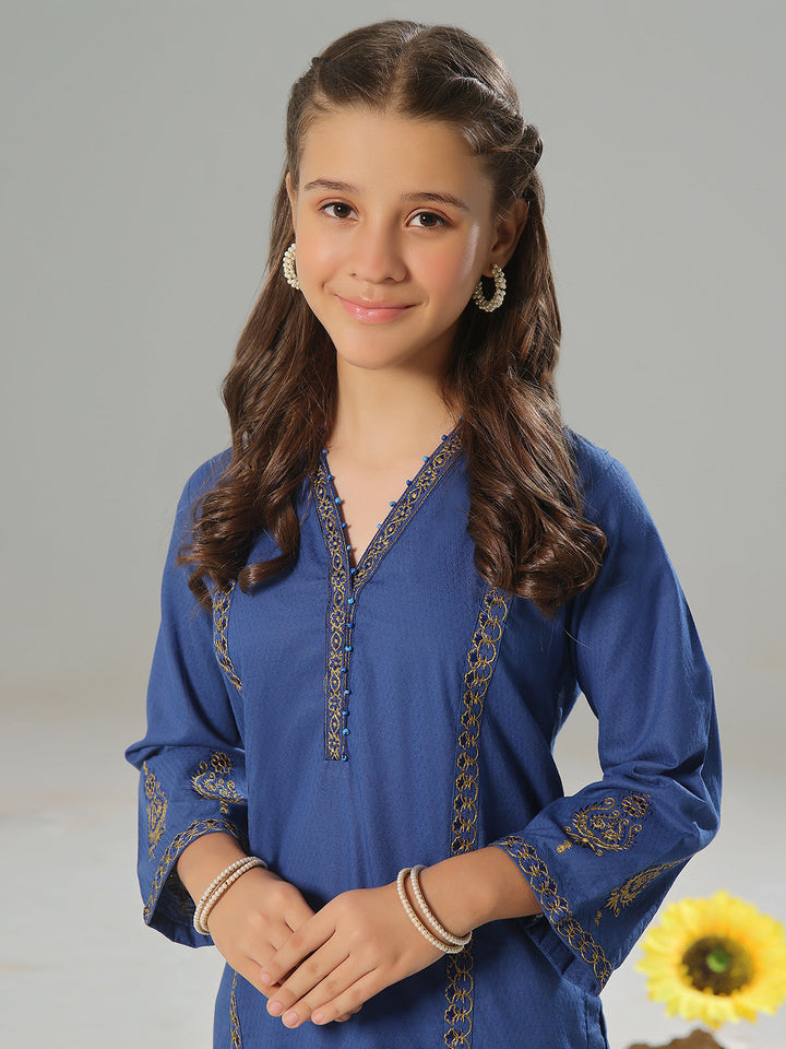 Oaks - Embroidered Pret Shirt Trouser Dobby Blue  - 2 Piece