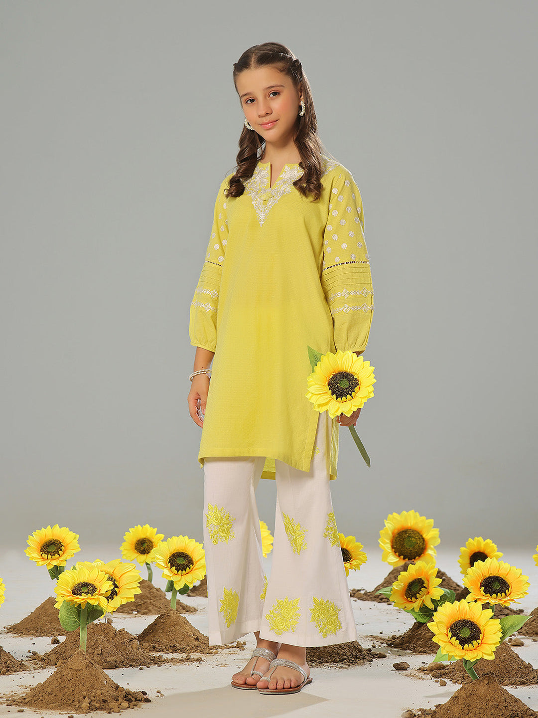 Oaks - Embroidered Pret Shirt Trouser Dobby Yellow  - 2 Piece
