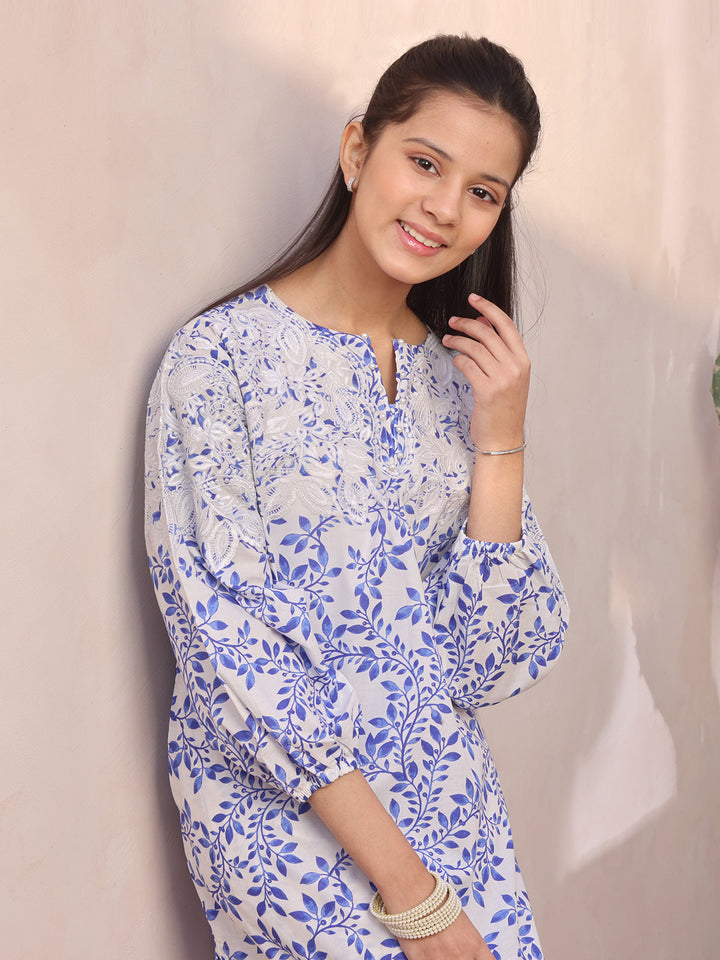 Oaks - Embroidered Pret Shirt Trouser Lawn White & Blue  - 2 Piece