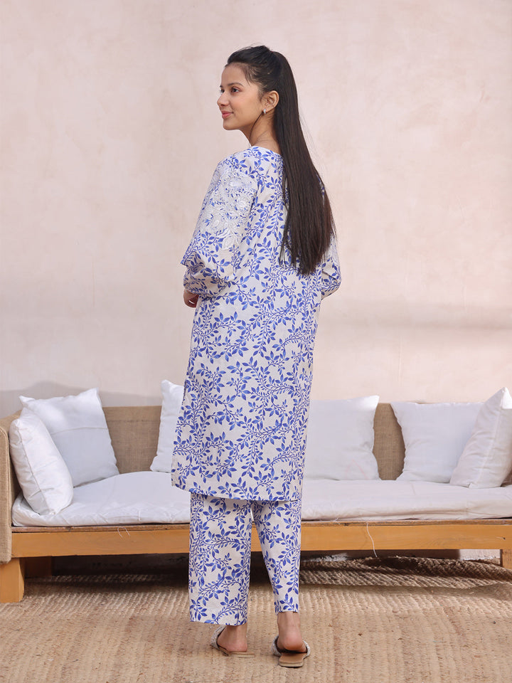 Oaks - Embroidered Pret Shirt Trouser Lawn White & Blue  - 2 Piece