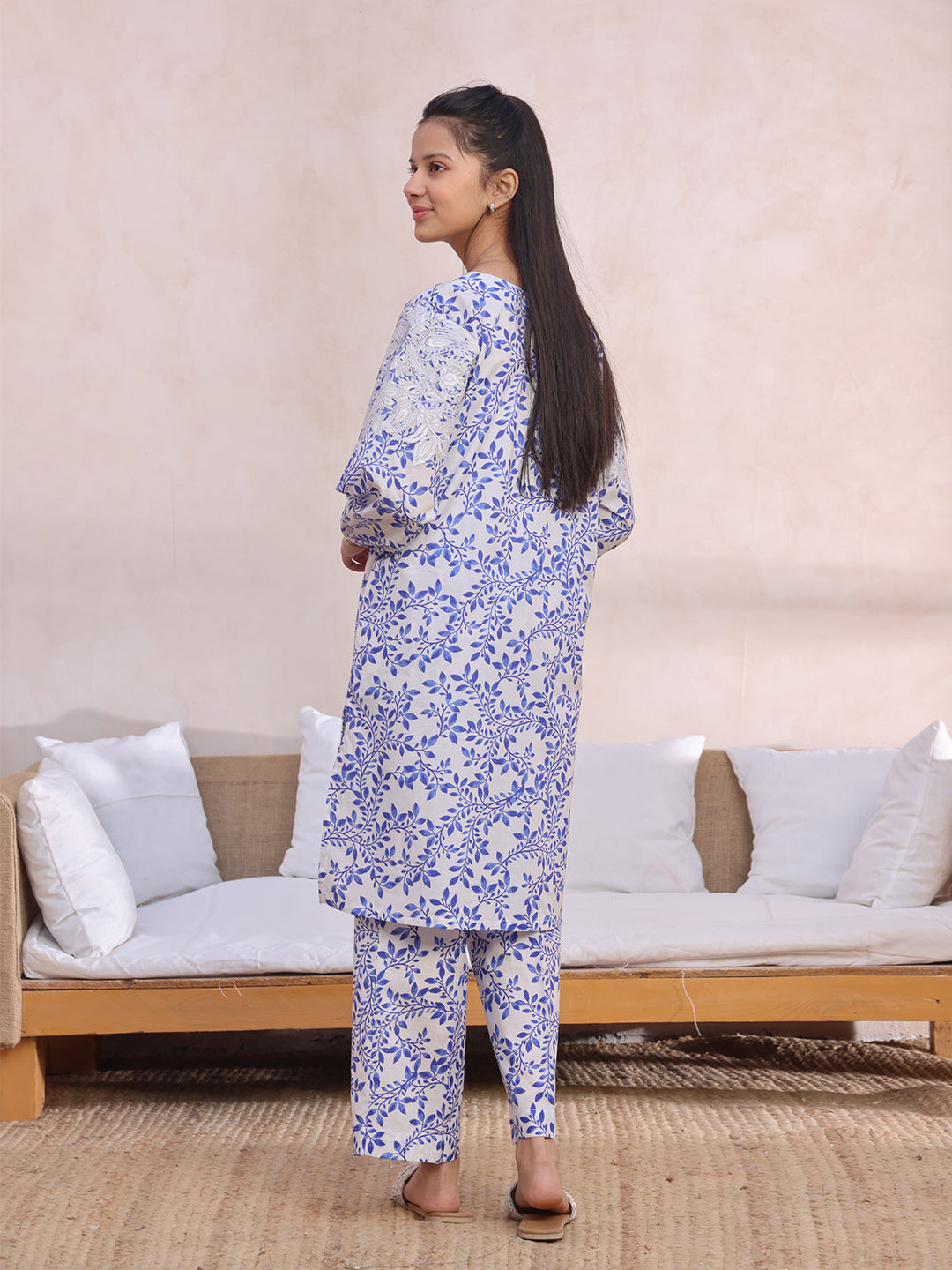 Oaks - Embroidered Pret Shirt Trouser Lawn White & Blue  - 2 Piece