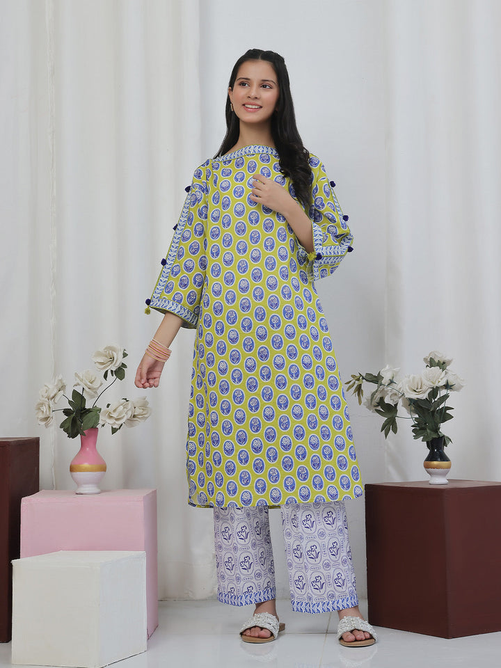 Oaks - Printed Lawn Suit For Girl - Green&Blue - 2 Piece