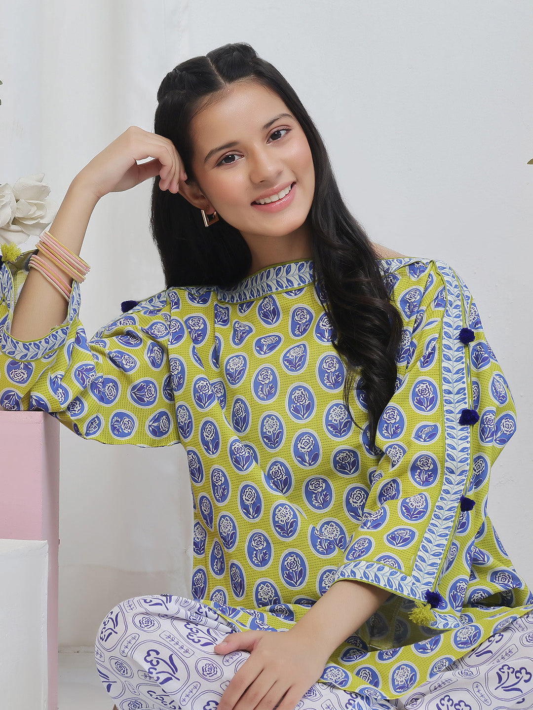 Oaks - Printed Lawn Suit For Girl - Green&Blue - 2 Piece