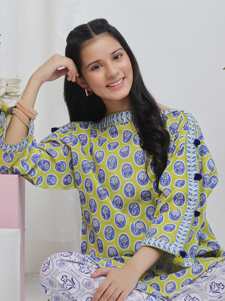 Oaks - Printed Lawn Suit For Girl - Green&Blue - 2 Piece