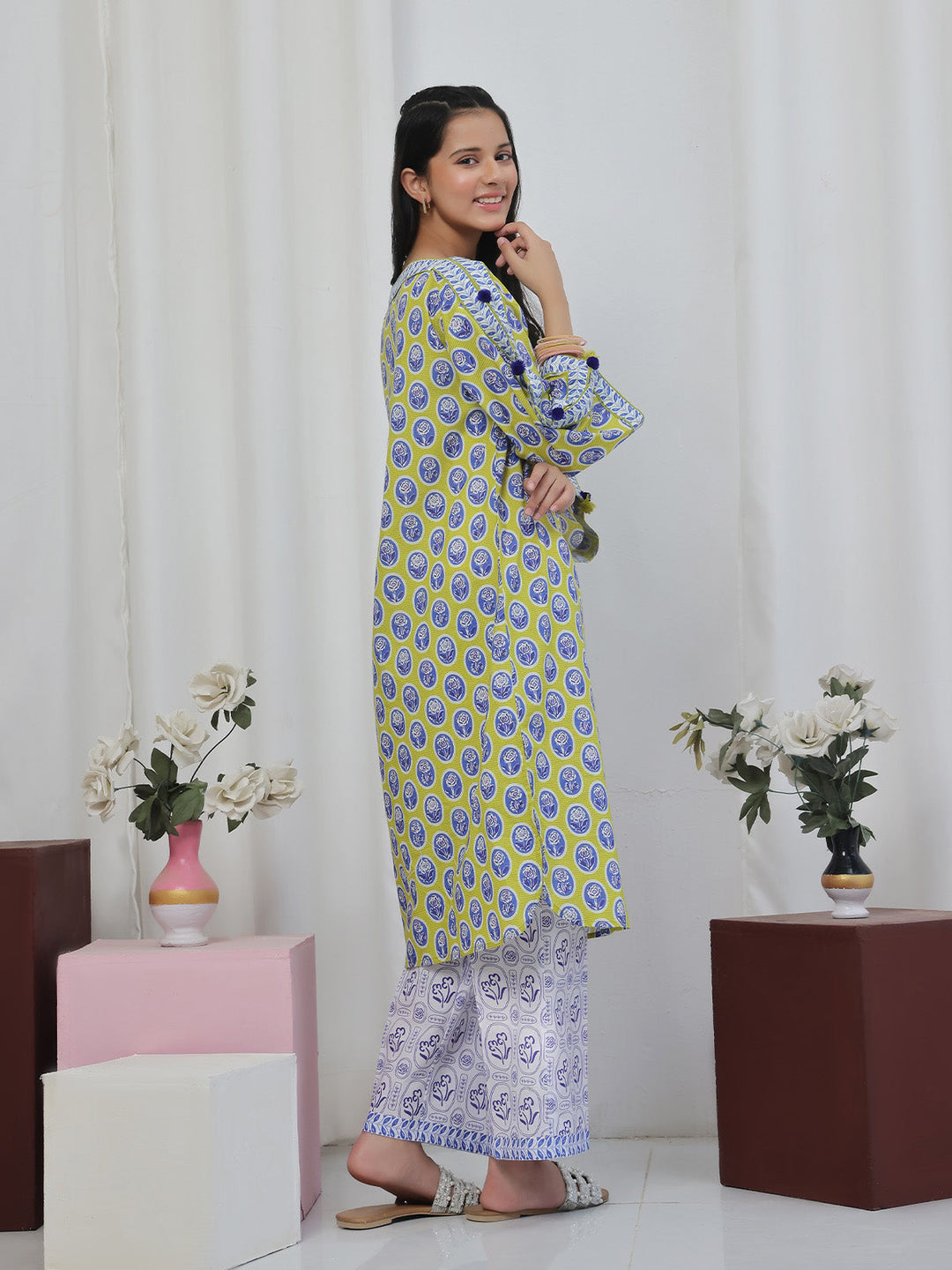 Oaks - Printed Lawn Suit For Girl - Green&Blue - 2 Piece