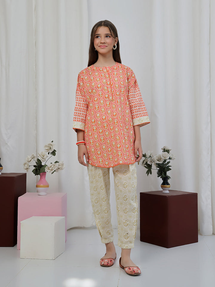 Oaks - Printed Lawn Suit For Girl - Orange - 2 Piece