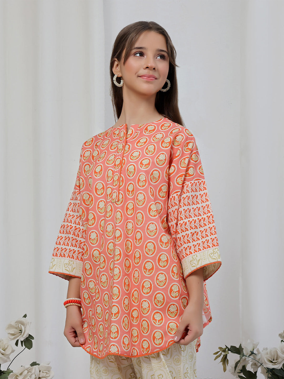 Oaks - Printed Lawn Suit For Girl - Orange - 2 Piece