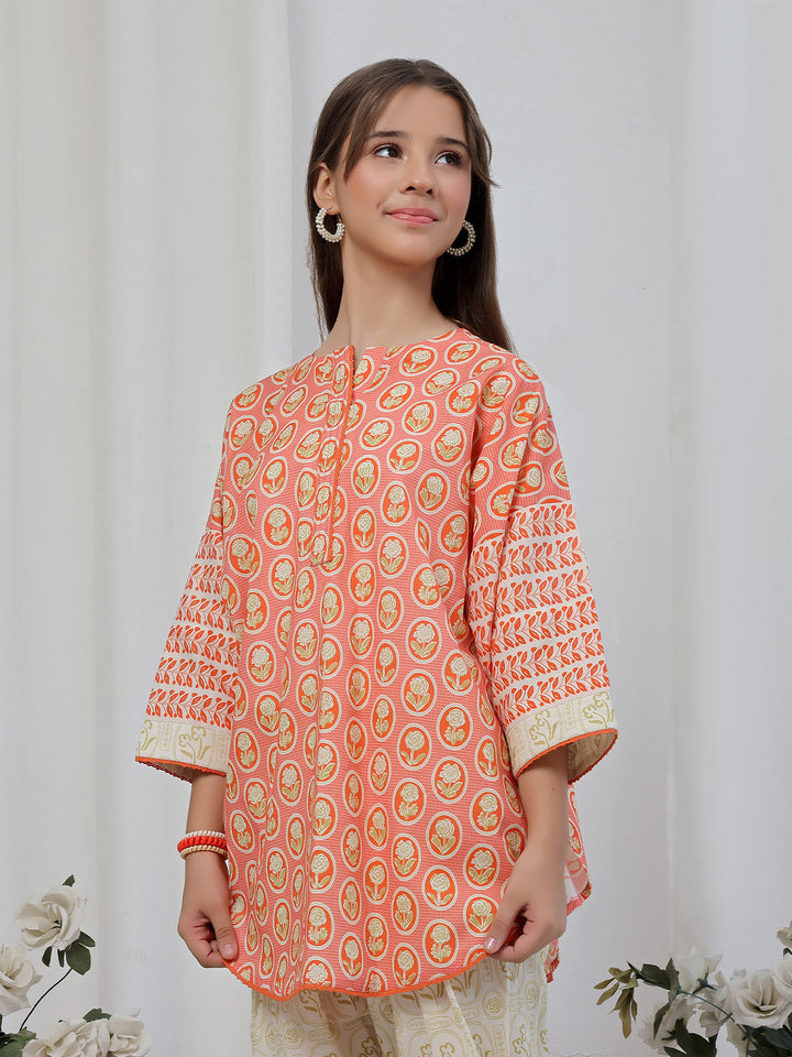 Oaks - Printed Lawn Suit For Girl - Orange - 2 Piece