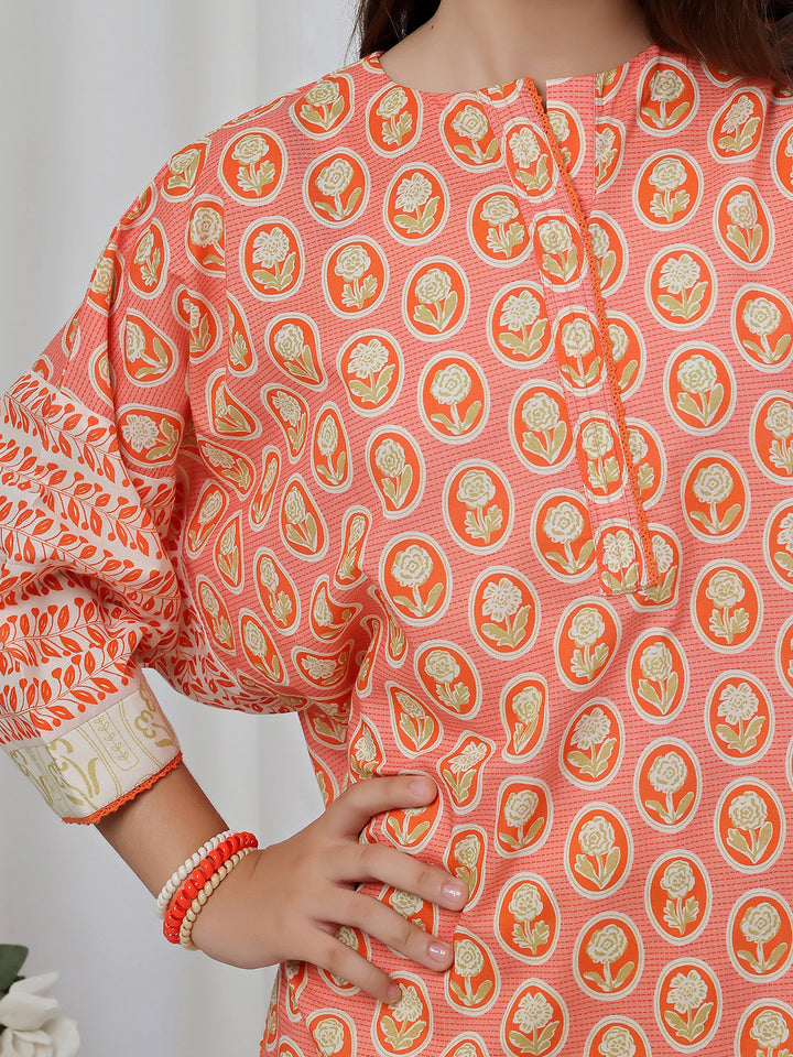 Oaks - Printed Lawn Suit For Girl - Orange - 2 Piece