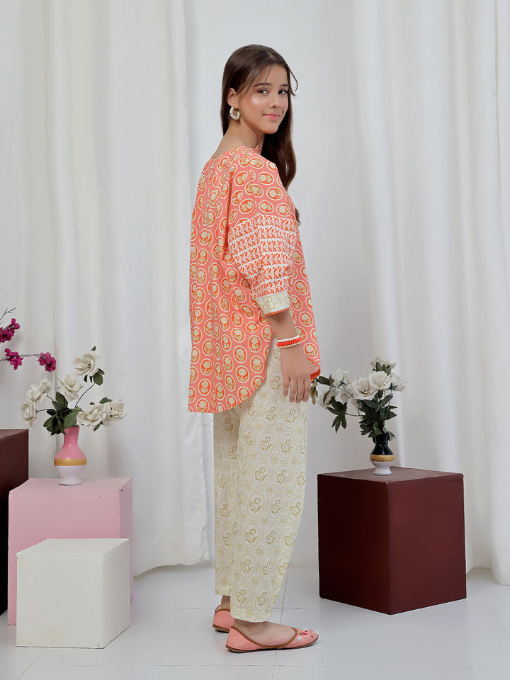 Oaks - Printed Lawn Suit For Girl - Orange - 2 Piece