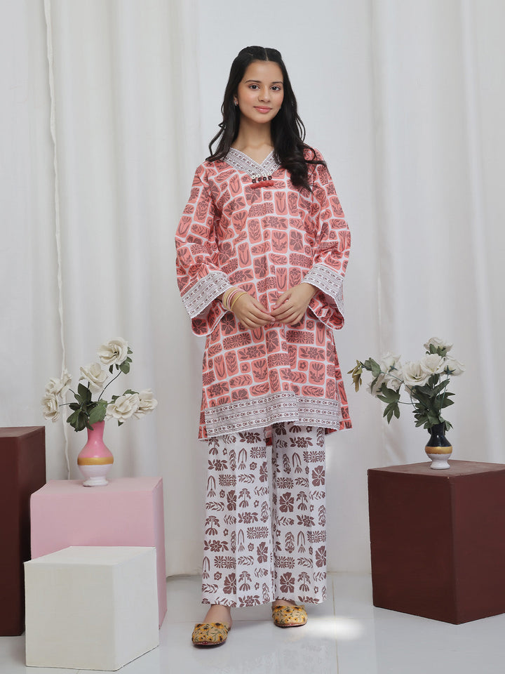 Oaks - Printed Lawn Suit For Girl - Orange - 2 Piece