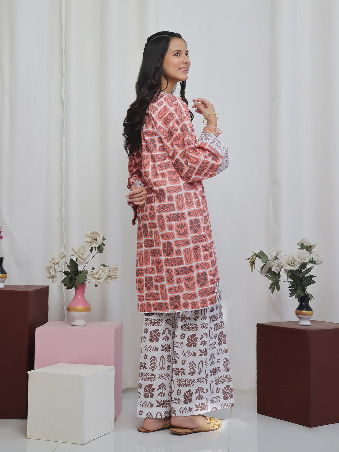 Oaks - Printed Lawn Suit For Girl - Orange - 2 Piece