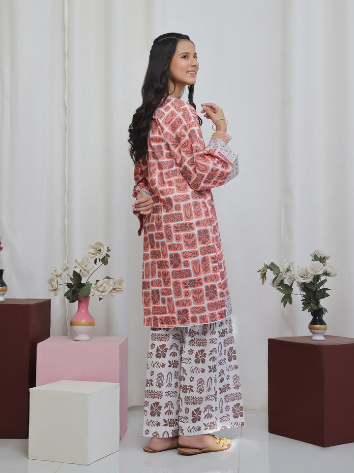 Oaks - Printed Lawn Suit For Girl - Orange - 2 Piece