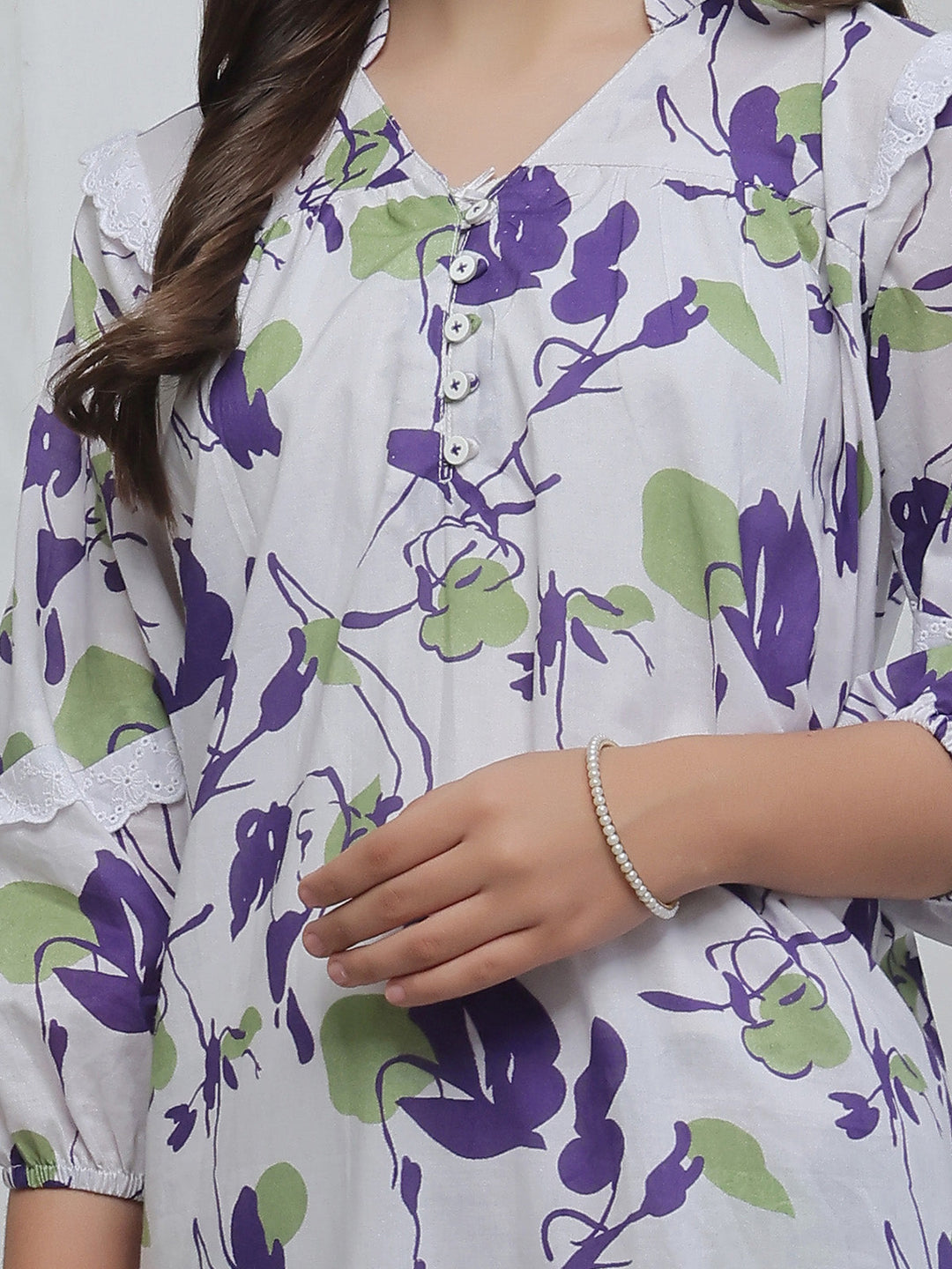 Oaks - Printed Lawn Suit For Girl - White&Purple - 2 Piece