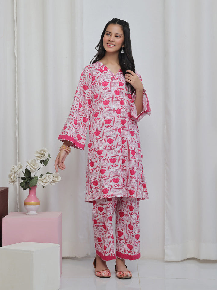 Oaks - Printed Lawn Suit For Girl - Pink - 2 Piece