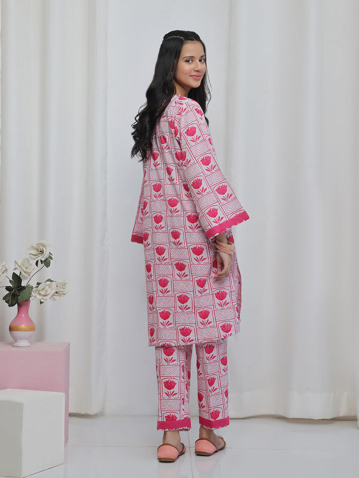 Oaks - Printed Lawn Suit For Girl - Pink - 2 Piece
