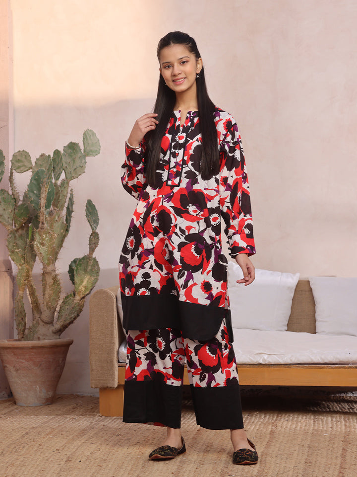 Oaks - Printed Pret Shirt Trouser Lawn Red & Black  - 2 Piece
