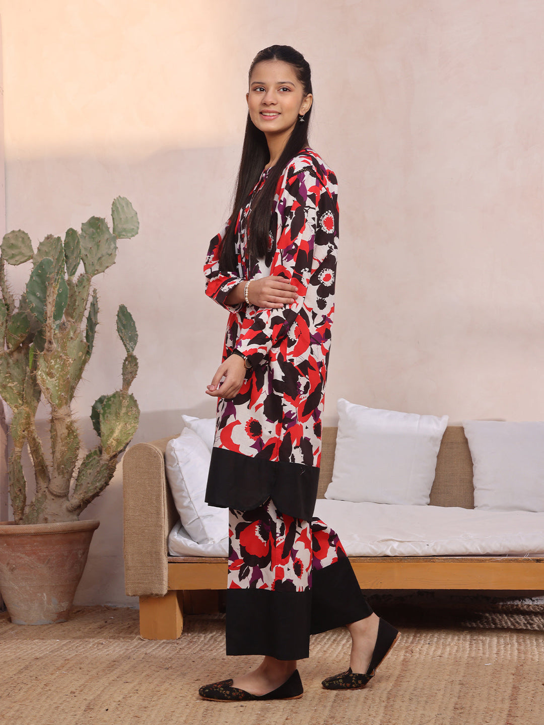 Oaks - Printed Pret Shirt Trouser Lawn Red & Black  - 2 Piece