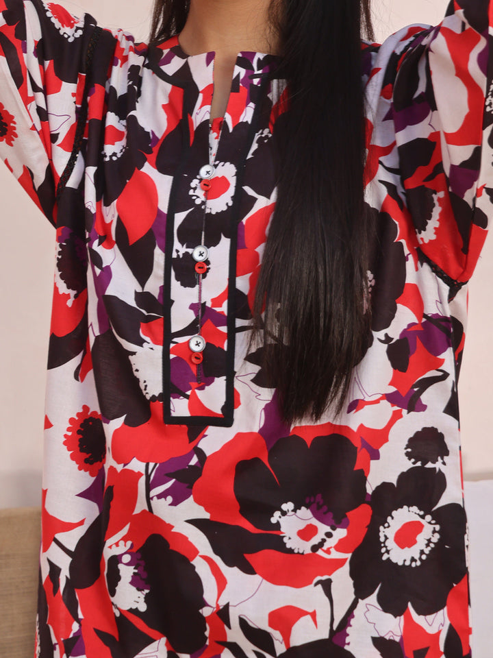 Oaks - Printed Pret Shirt Trouser Lawn Red & Black  - 2 Piece