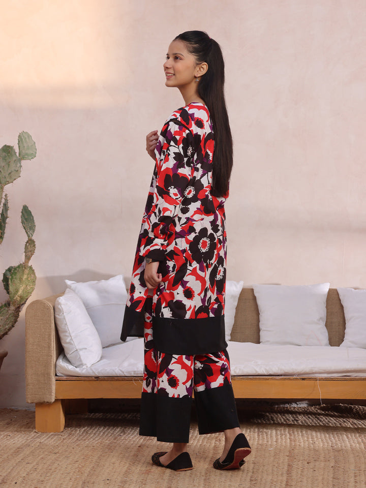 Oaks - Printed Pret Shirt Trouser Lawn Red & Black  - 2 Piece