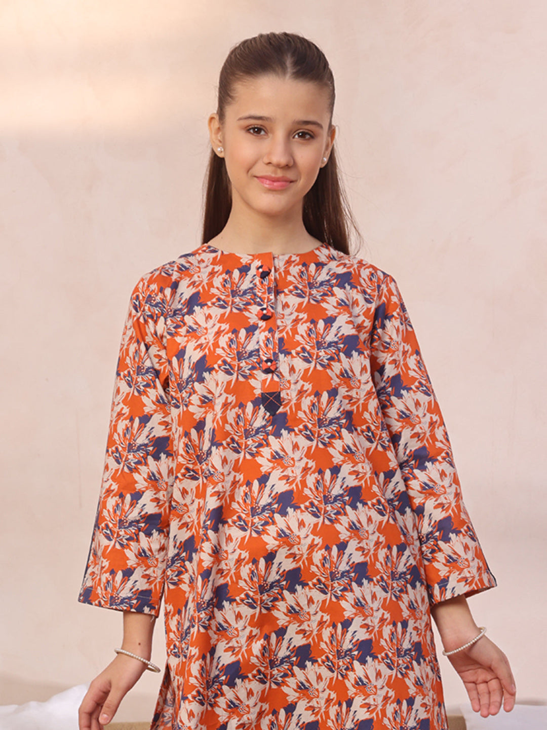 Oaks - Printed Pret Shirt Trouser Lawn Orange & Blue  - 2 Piece