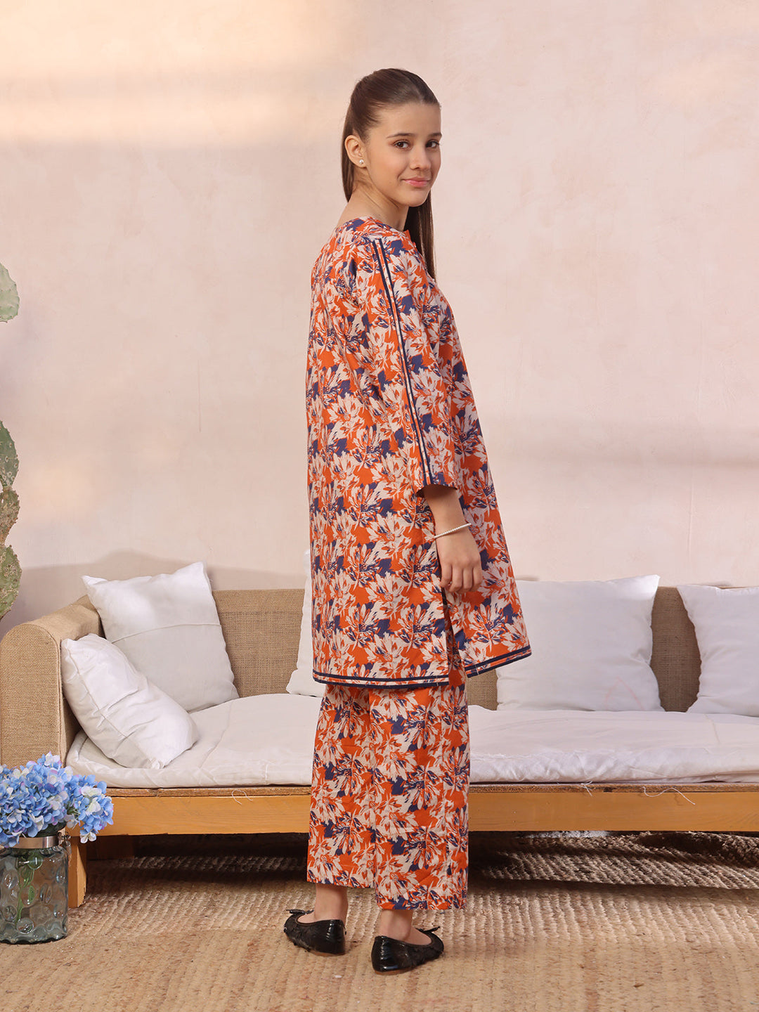 Oaks - Printed Pret Shirt Trouser Lawn Orange & Blue  - 2 Piece