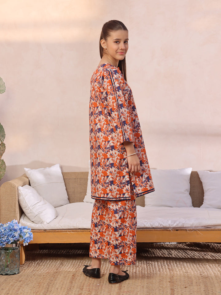 Oaks - Printed Pret Shirt Trouser Lawn Orange & Blue  - 2 Piece