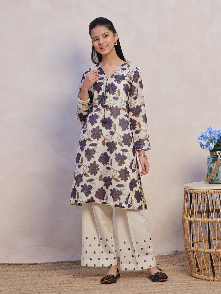 Oaks - Embroidered Pret Shirt Trouser Masoori Lawn Beige & Blue  - 2 Piece