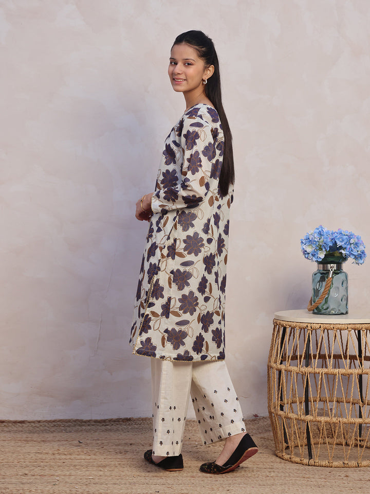 Oaks - Embroidered Pret Shirt Trouser Masoori Lawn Beige & Blue  - 2 Piece