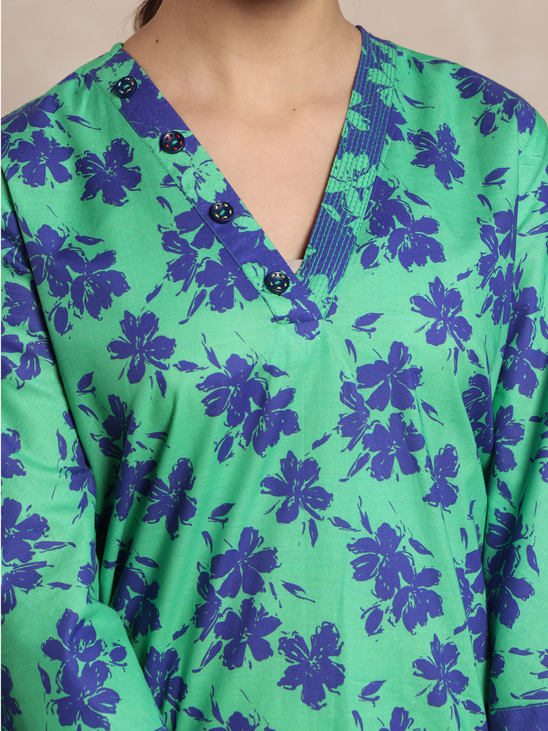 Oaks - Printed Pret Shirt Trouser Cambric Green & Blue  - 2 Piece