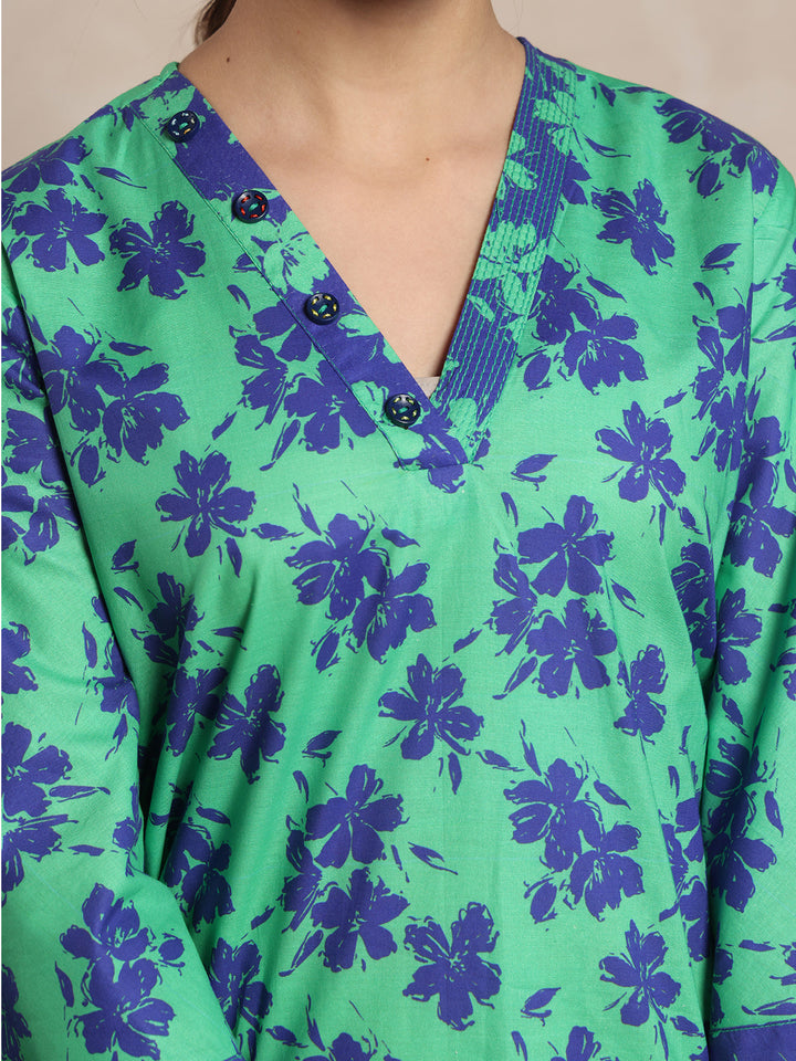 Oaks - Printed Pret Shirt Trouser Cambric Green & Blue  - 2 Piece