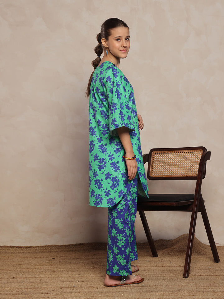 Oaks - Printed Pret Shirt Trouser Cambric Green & Blue  - 2 Piece