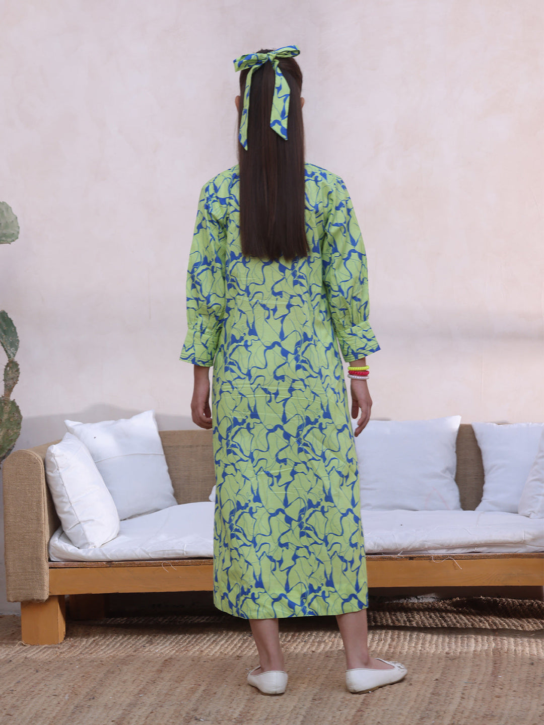 Oaks - Printed Pret Kurti Cambric Green & Blue  - 1 Piece
