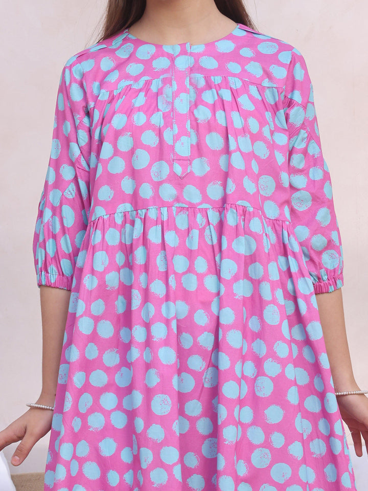 Oaks - Printed Pret Kurti Lawn Pink & ferozi  - 1 Piece