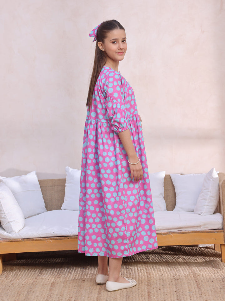 Oaks - Printed Pret Kurti Lawn Pink & ferozi  - 1 Piece
