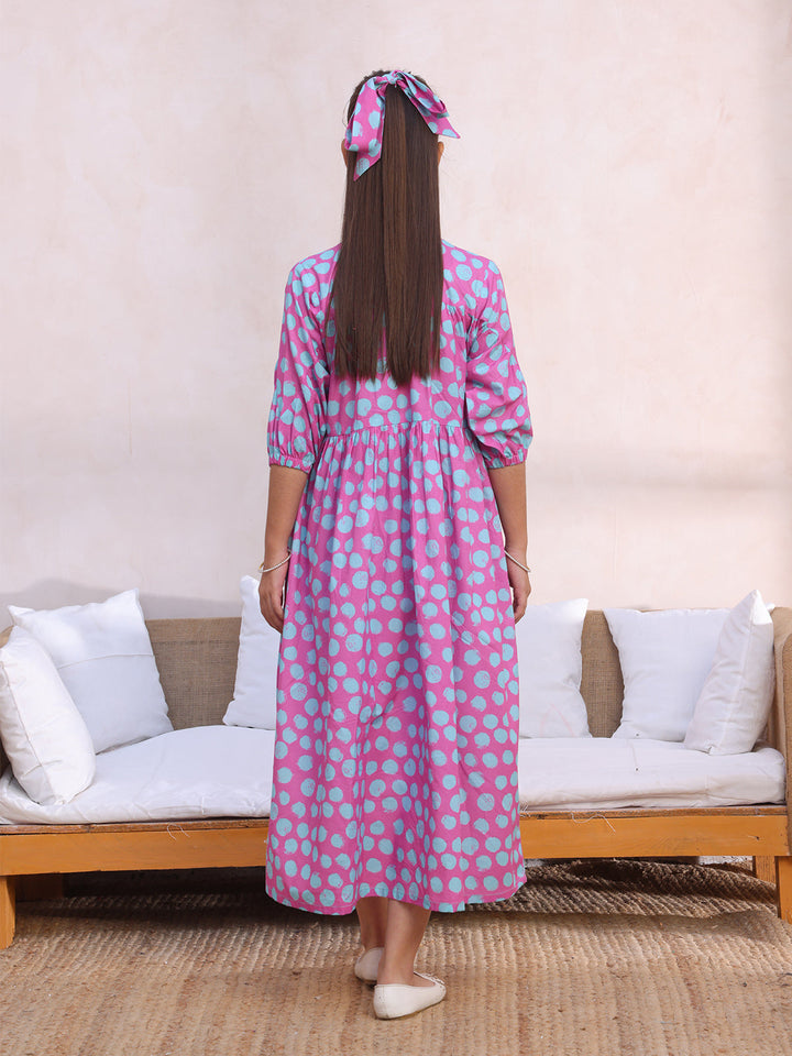 Oaks - Printed Pret Kurti Lawn Pink & ferozi  - 1 Piece