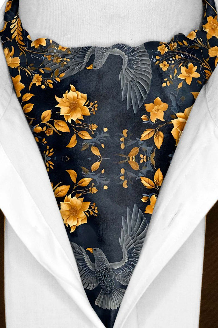 Black Wolf - GOLD HUMMINGBIRDS SILK ASCOT - Dark Navy Blue - 1 Piece