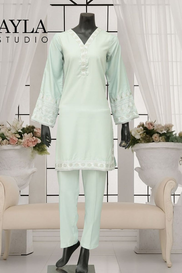 Ayla Studio - 2-Piece Solid Embroidered Dress - Hareem - PASTEL GREEN - Wash & Wear