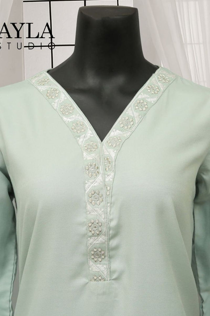 Ayla Studio - 2-Piece Solid Embroidered Dress - Hareem - PASTEL GREEN - Wash & Wear