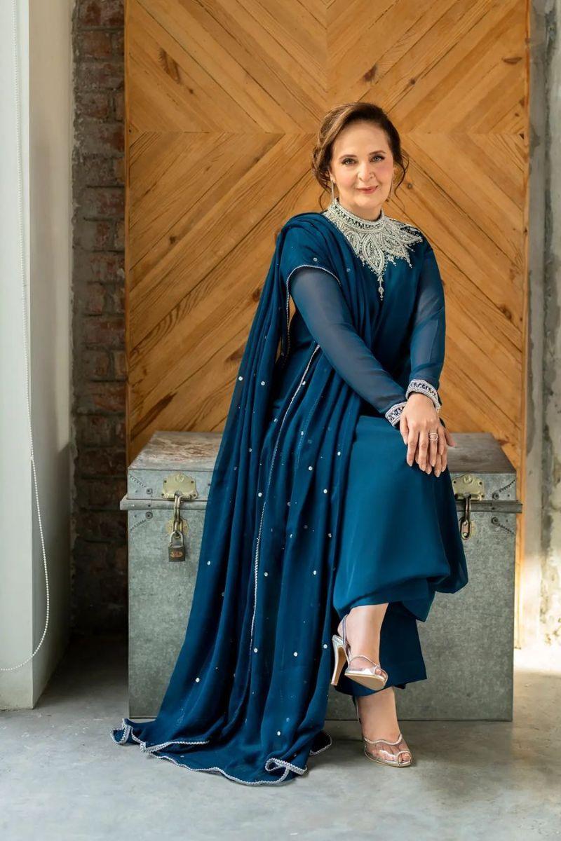 hina khawaja in Natasha Kamal - Lapis - teal - Georgette lined with crepe de chin - 3 Piece