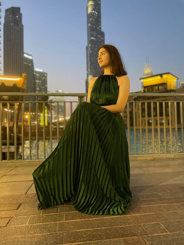 Syah - Halterneck Pleated Dress - Silk - Emerald Green - 1 Piece