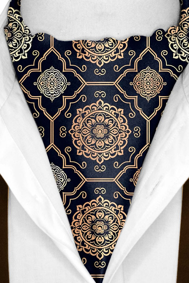 Black Wolf - LUXURY ROYAL PATTERN SILK ASCOT - Dark Navy Blue - 1 Piece