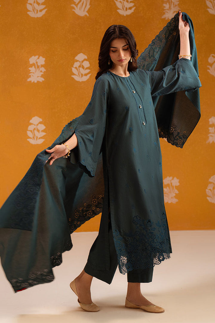 Cross Stitch - Deep Teal Chikankari Lawn Unstitch Suit For Women - 3 Piece
