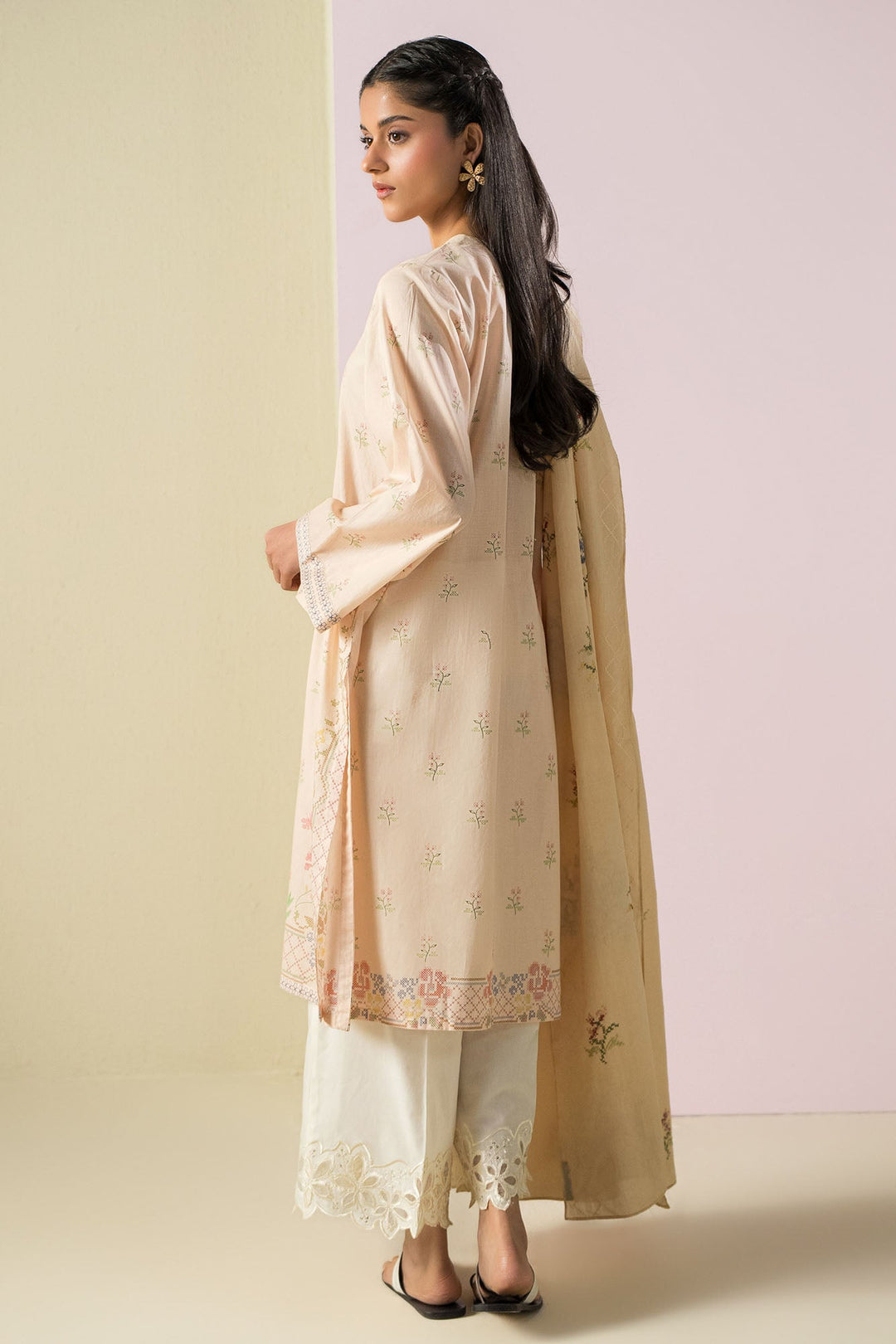 Cross Stitch - Lawn Pastel Threads  Suit For Women - Peach - 2 Piece - Studio by TCS