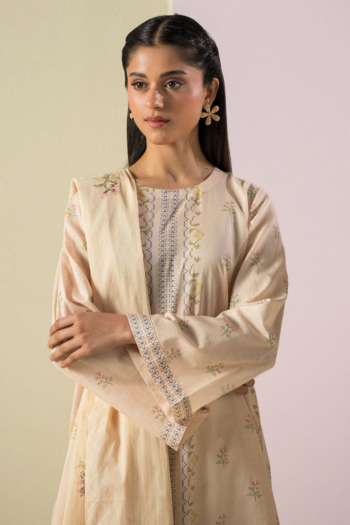 Cross Stitch - Lawn Pastel Threads  Suit For Women - Peach - 2 Piece - Studio by TCS