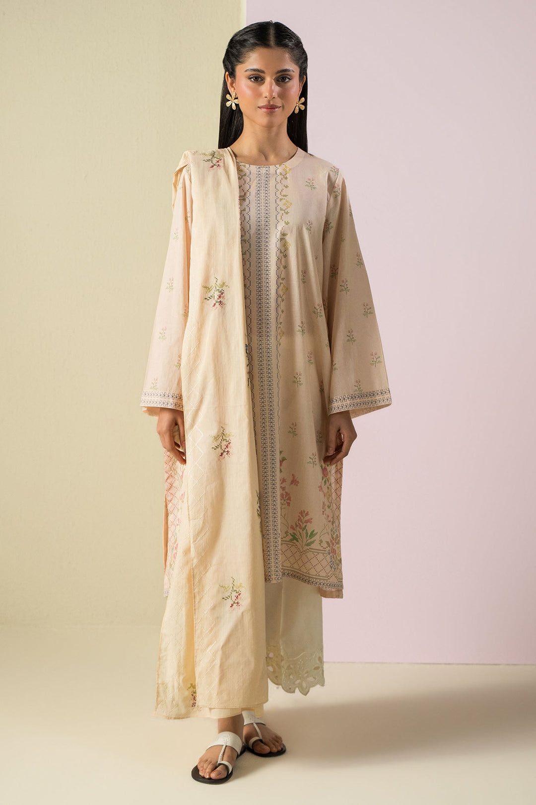 Cross Stitch - Lawn Pastel Threads  Suit For Women - Peach - 2 Piece - Studio by TCS