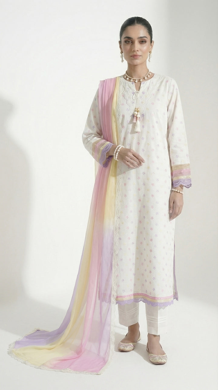 Reema Ahsan - Nelor Chicken Suit For Women - White and Multi - 3 Piece - Studio by TCS